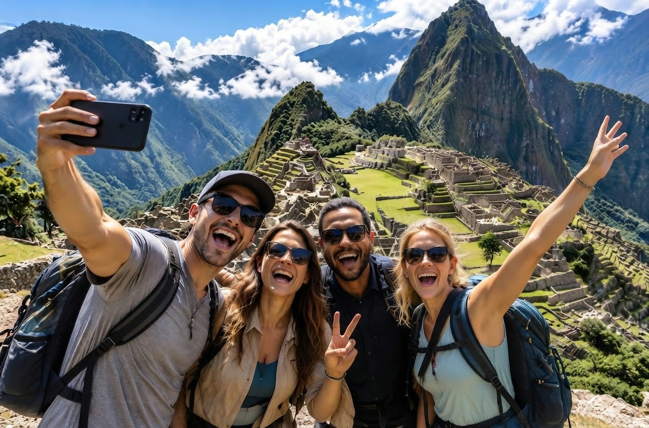 A group of friends taking a selfie together on a trip at Machu Picchu